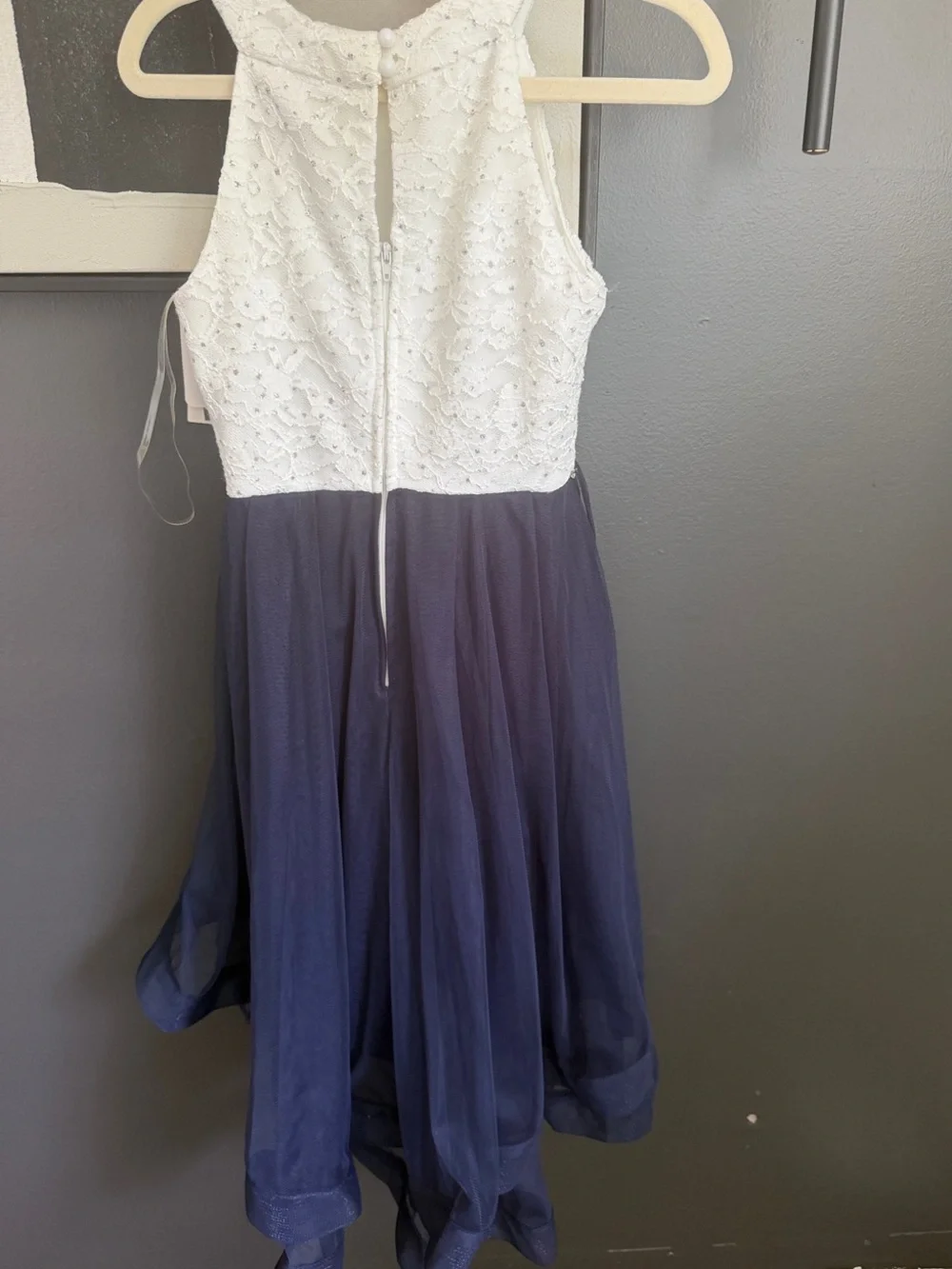 Speechless Girls White Lace Bodice Navy High-Low Chiffon Dress